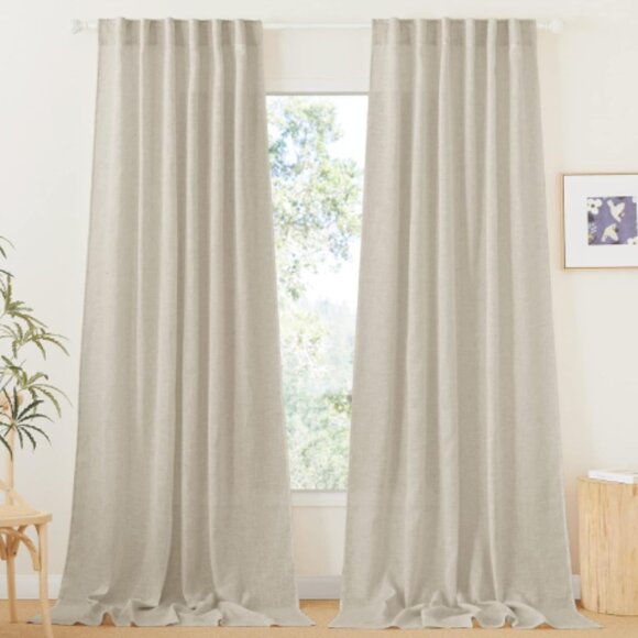 Semi Sheer Linen Curtains Beige Oatmeal 52 x 120 Rod Pocket Curtain Panel Pair - Picture 1 of 15